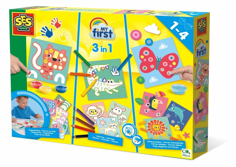 SES Creative My First - 3 in 1 Fingerfarben, Ausmalen und Formen kleben