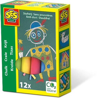SES Creative - 00201 - Krijt 12 kleuren - stofvrij - heldere kleuren - schoolkrijt - makkelijk uitwasbaar
