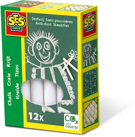SES Creative - 00200 - Krijt wit 12 stuks - stofvrij - makkelijk uitwasbaar - schoolkrijt