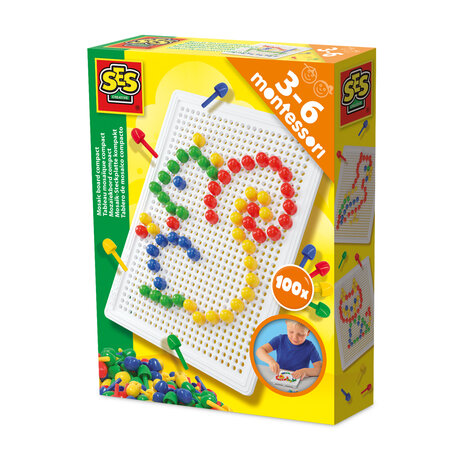 SES Creative - 14046 - Mozaïekbord - Montessori - compact - met 100 gekleurde pinnen in 4 kleuren - herbruikbaar